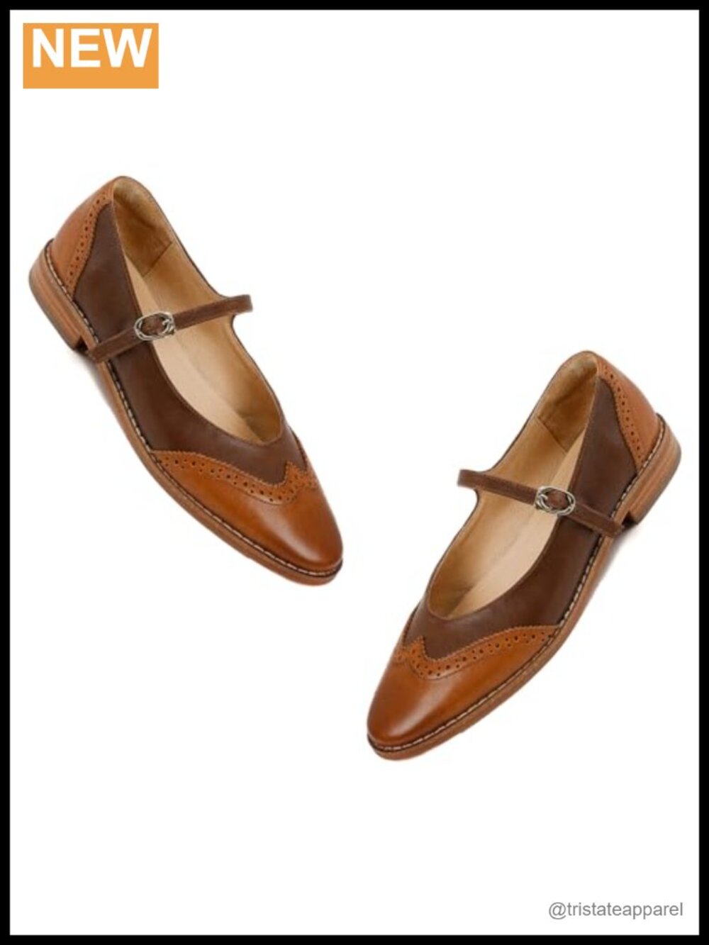 Women Mary Jane Flats Round Toe Ankle Strap Two Tone Wingtip Perforated Retro